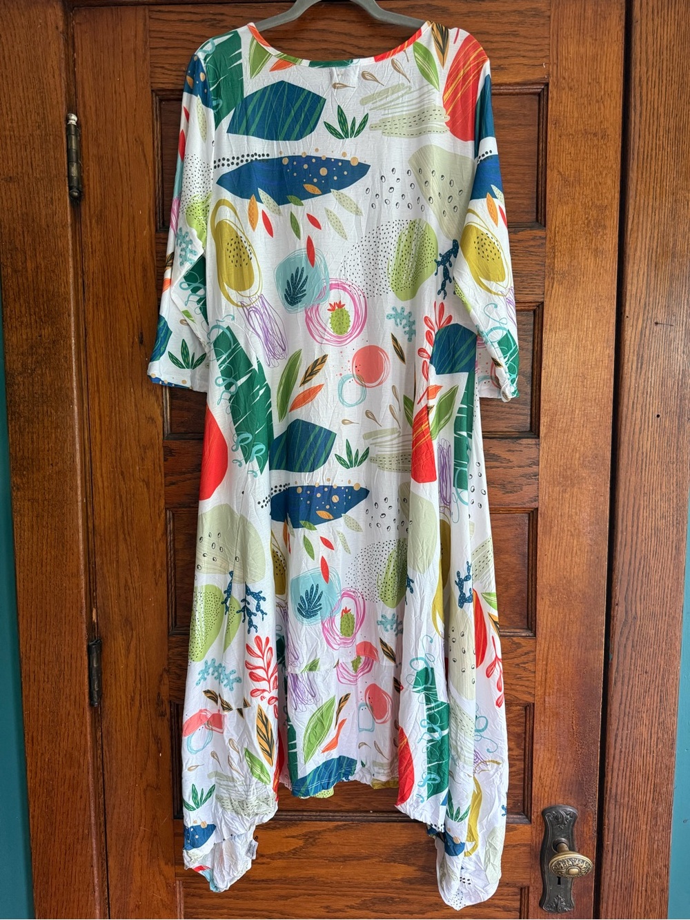 SHANA APPAREL Artsy Lagenlook Flowy Midi Dress Cactus Leaf Pattern 3/4 Sleeves - Picture 7 of 9